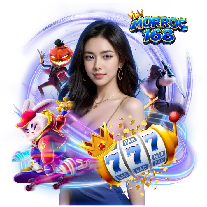 ภาพโปรโมต morroc168 มีหญิงสาวตรงกลาง พร้อมสล็อต 777 เหรียญทอง ตัวการ์ตูน และเอฟเฟกต์แสง สื่อถึงคาสิโนออนไลน์ครบวงจร