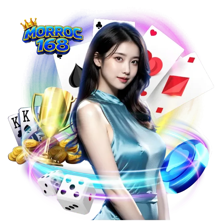 ภาพโปรโมต morroc168 มีหญิงสาว ไพ่ ถ้วยรางวัล เหรียญทอง ลูกเต๋า และชิปคาสิโน สื่อถึงเว็บคาสิโนออนไลน์ครบวงจร