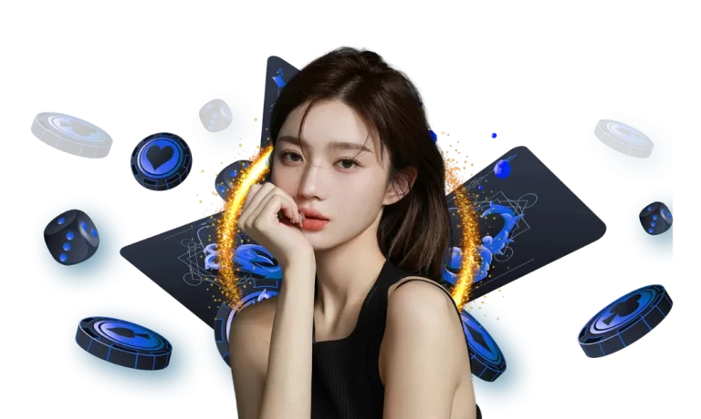ภาพโปรโมต morroc168 มีหญิงสาวล้อมด้วยชิปคาสิโนสีฟ้า ลูกเต๋า และเอฟเฟกต์แสง แสดงถึงคาสิโนออนไลน์เล่นง่าย